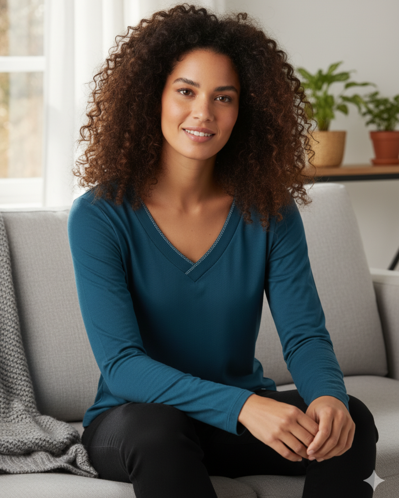 Blusa Feminina Azul Petróleo Manga Longa com Decote V Marialícia