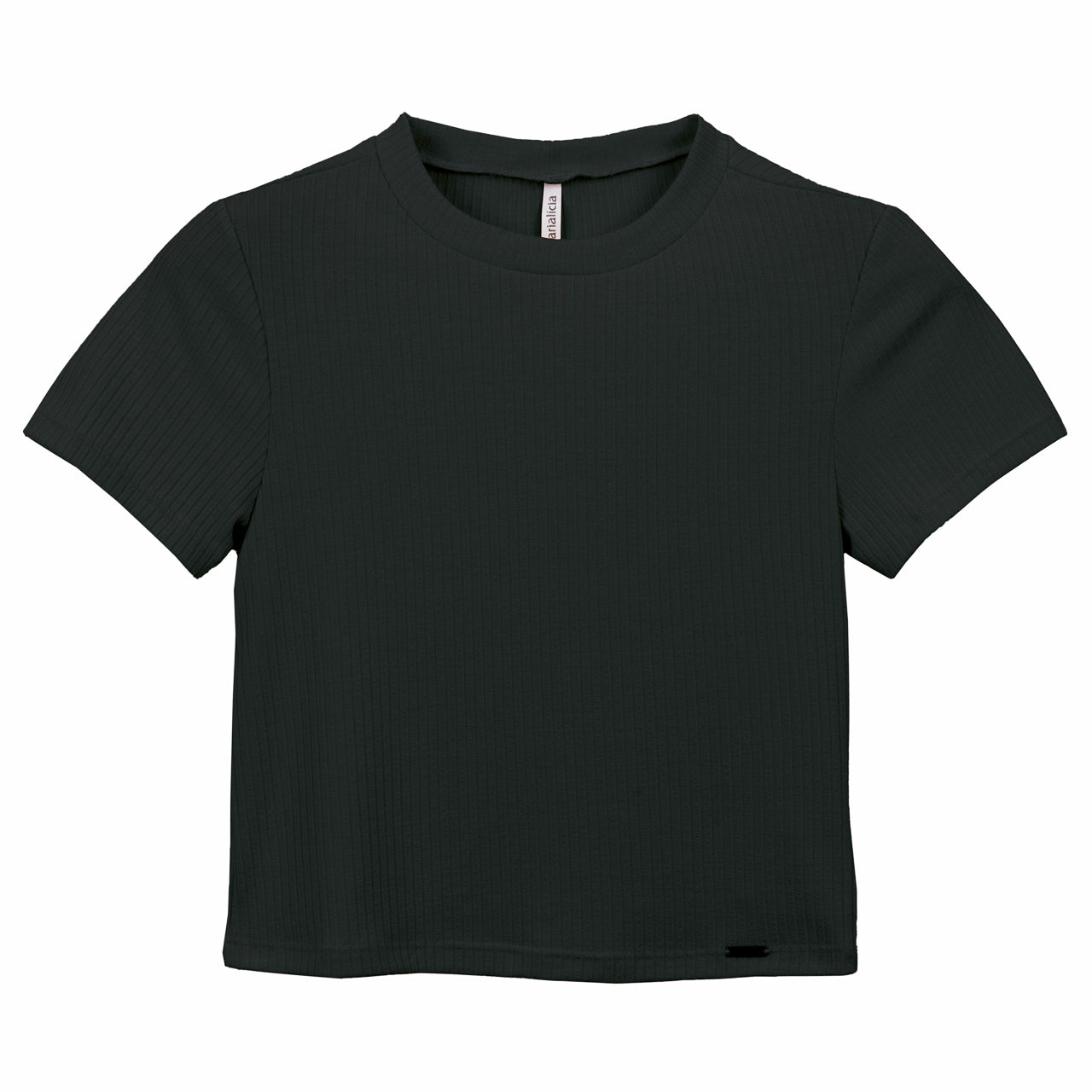 Blusa Cropped Manga Curta Malha Canelada Preta -