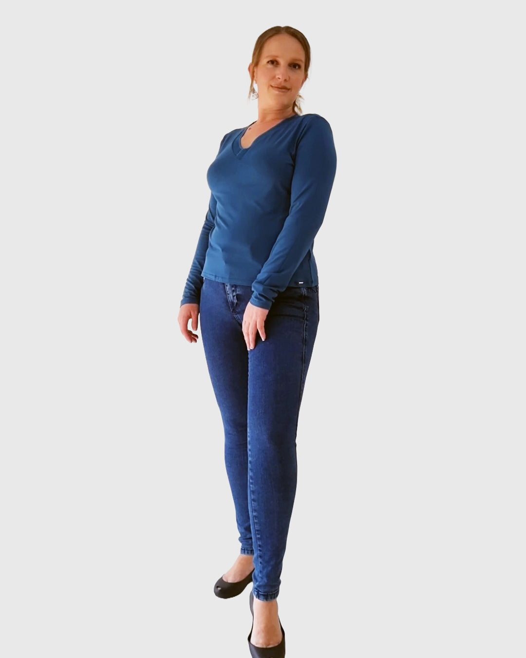 Blusa Manga Longa Decote V Azul