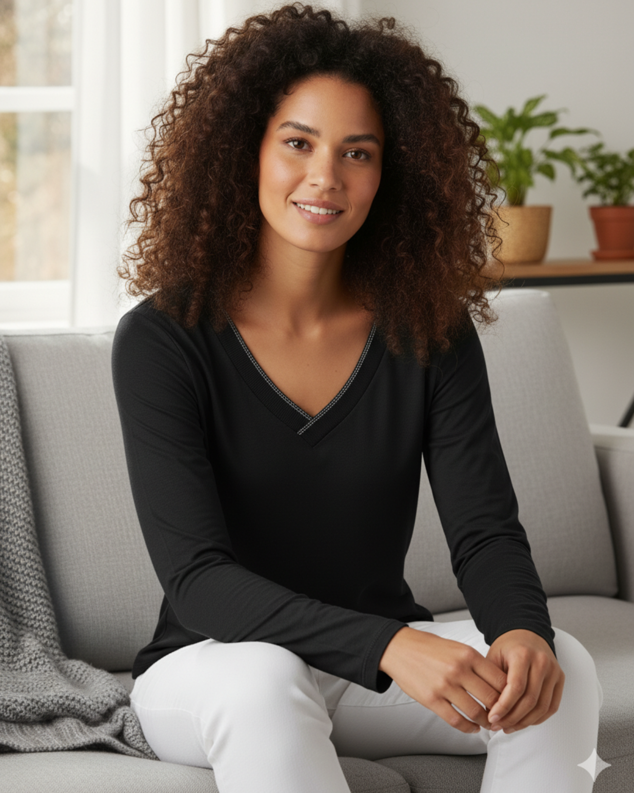 Blusa Manga Longa Preta com Decote V Feminina – Marialícia