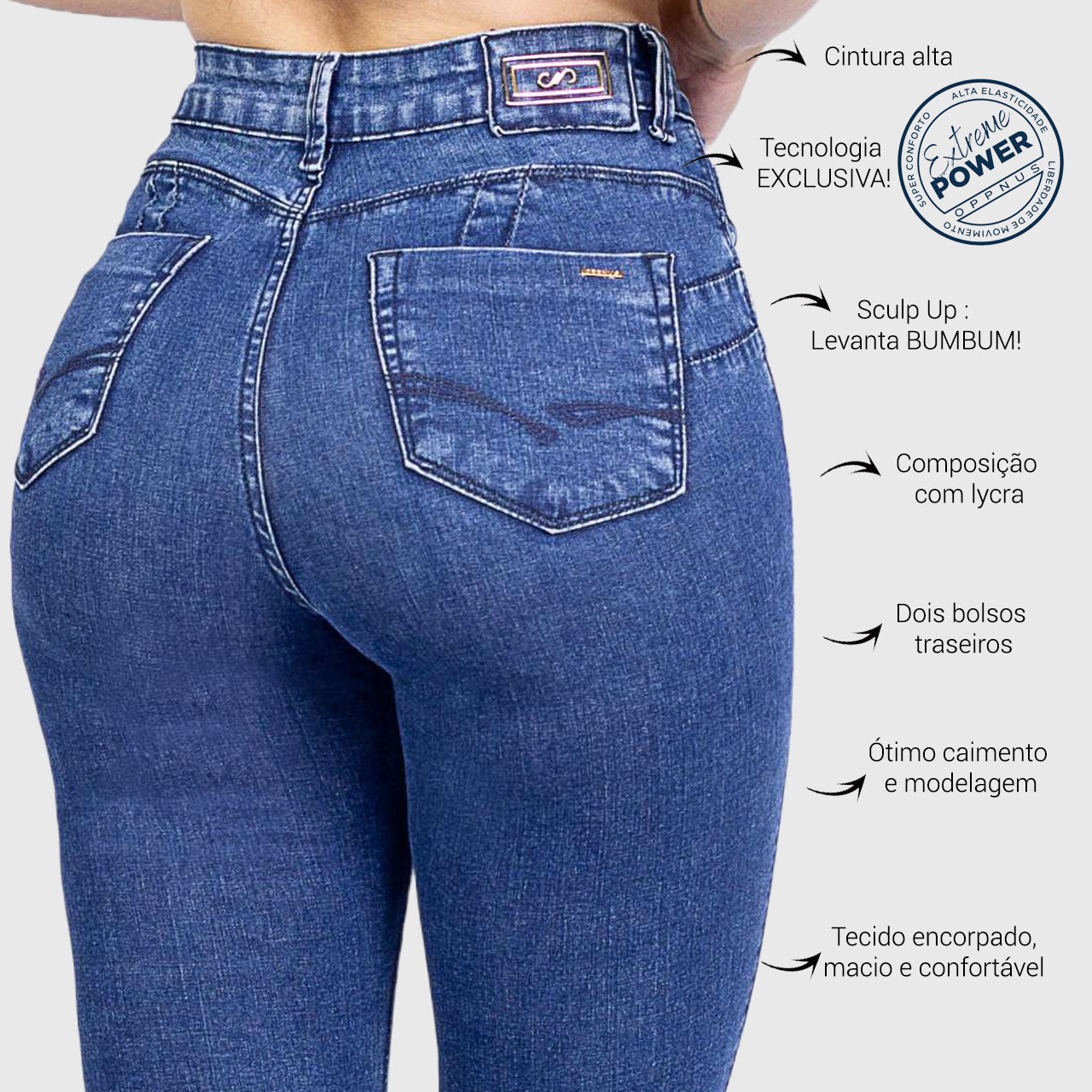 Calça Levanta Bumbum Oppnus Jeans Skinny Cintura Alta -