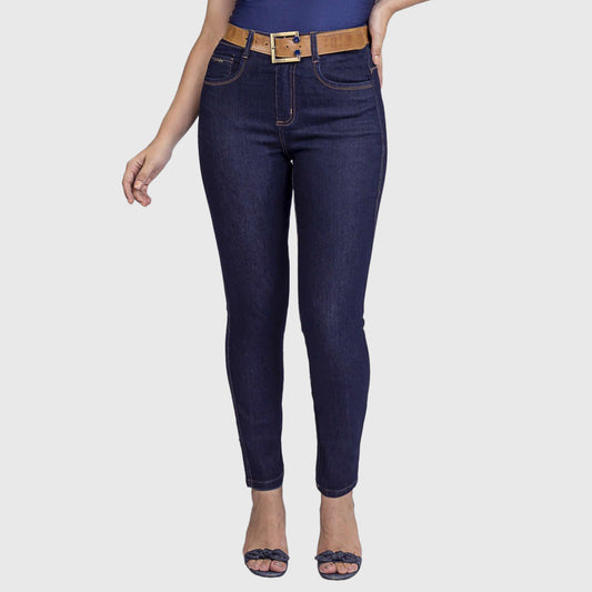 Calça Skinny Cintura Alta Oppnus Jeans com Cinto - Jeans Azul Escuro Casual