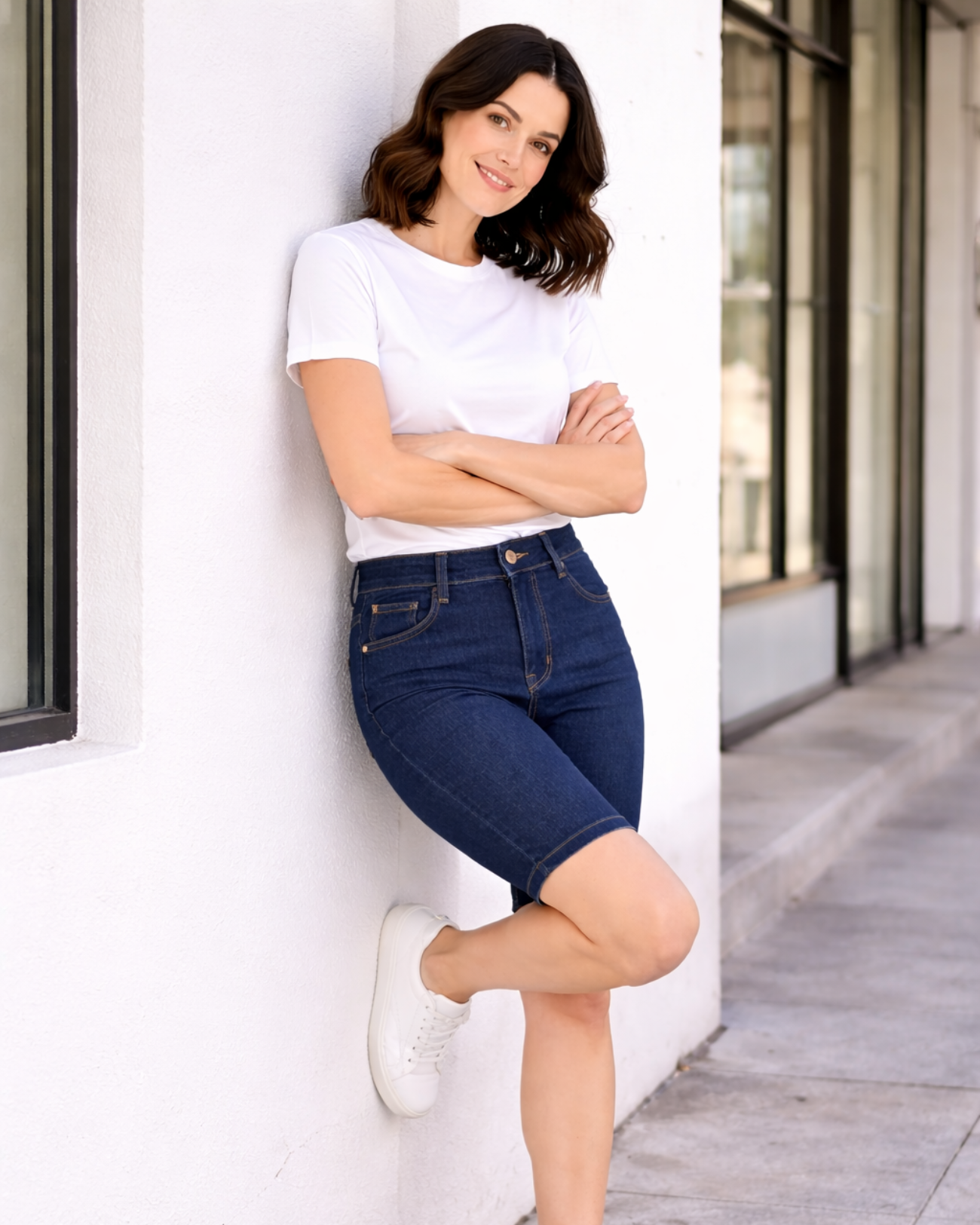 Bermuda Jeans Feminina Oppnus Cintura Alta até o Joelho