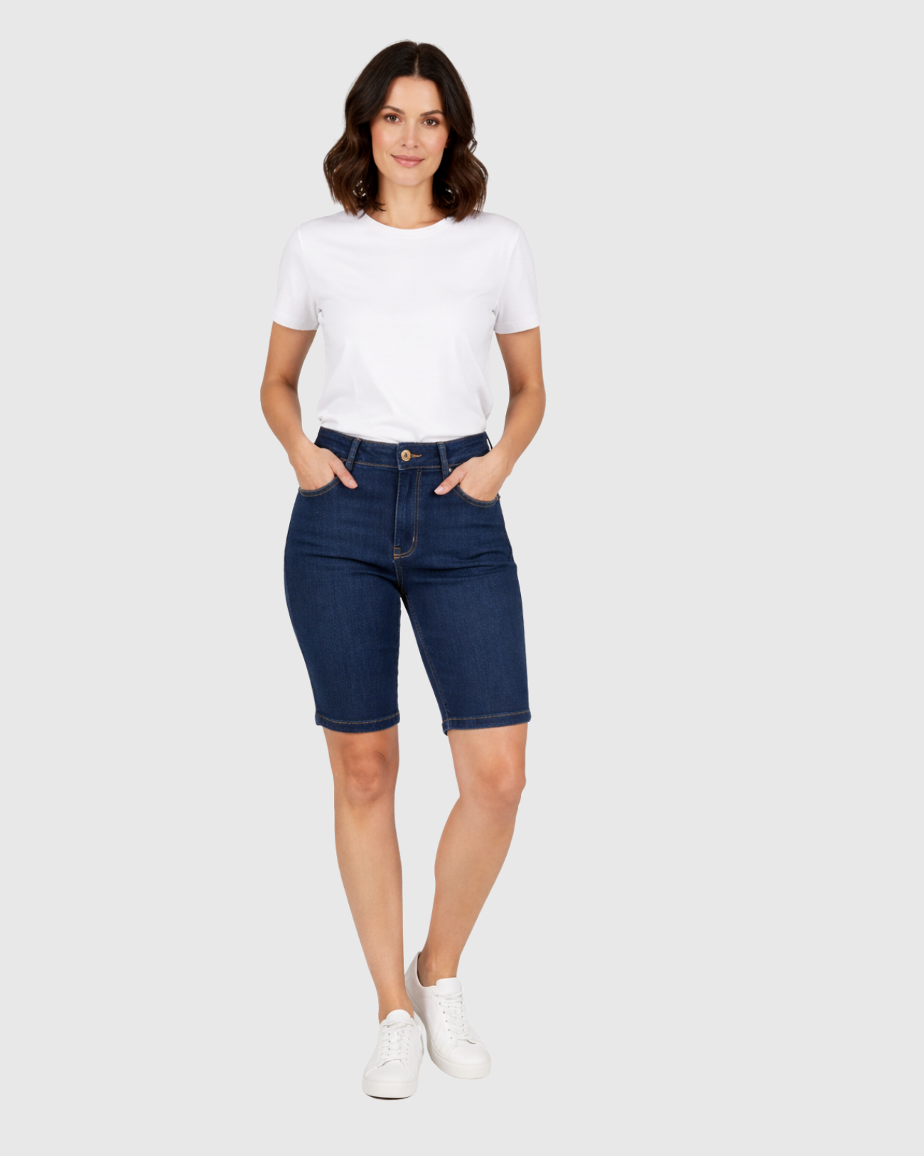 Bermuda Jeans Feminina Oppnus Cintura Alta até o Joelho