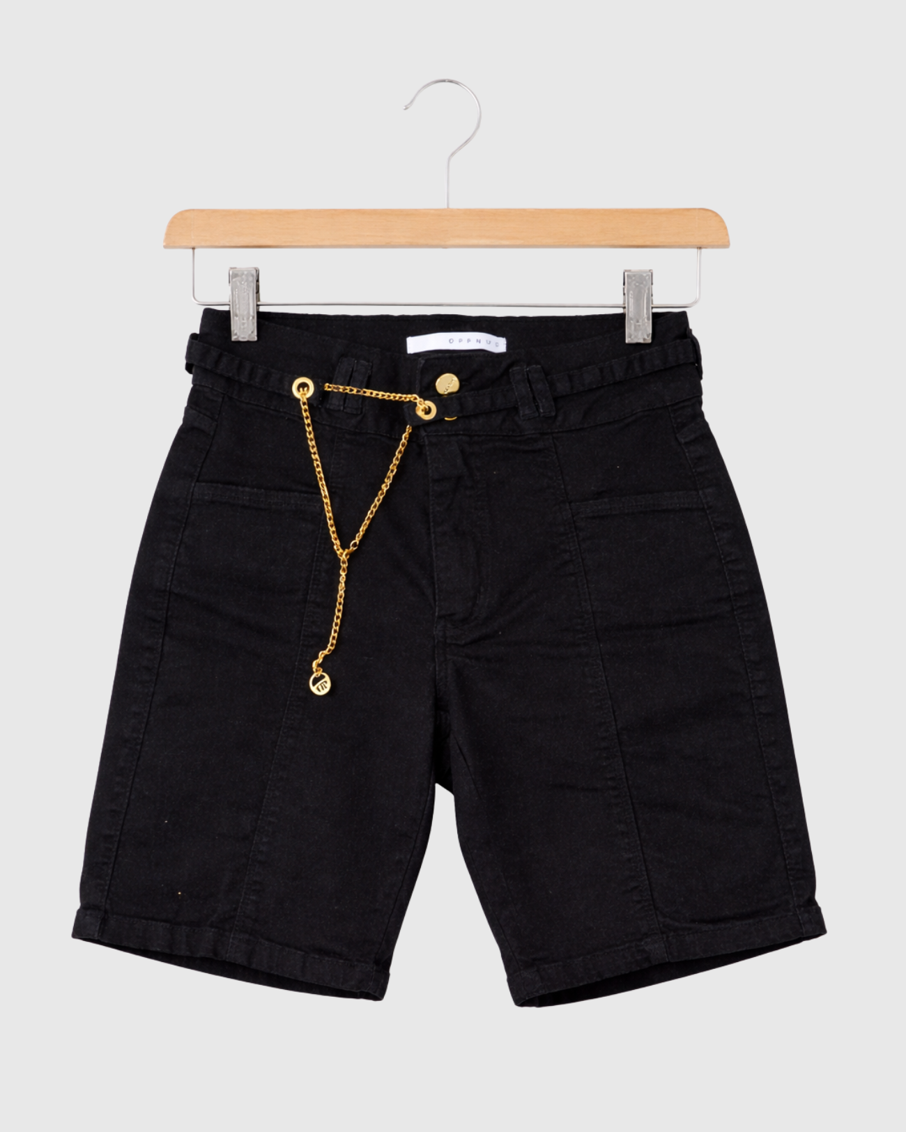 Bermuda Jeans Preta Cintura Alta com Cinto - Oppnus Feminina