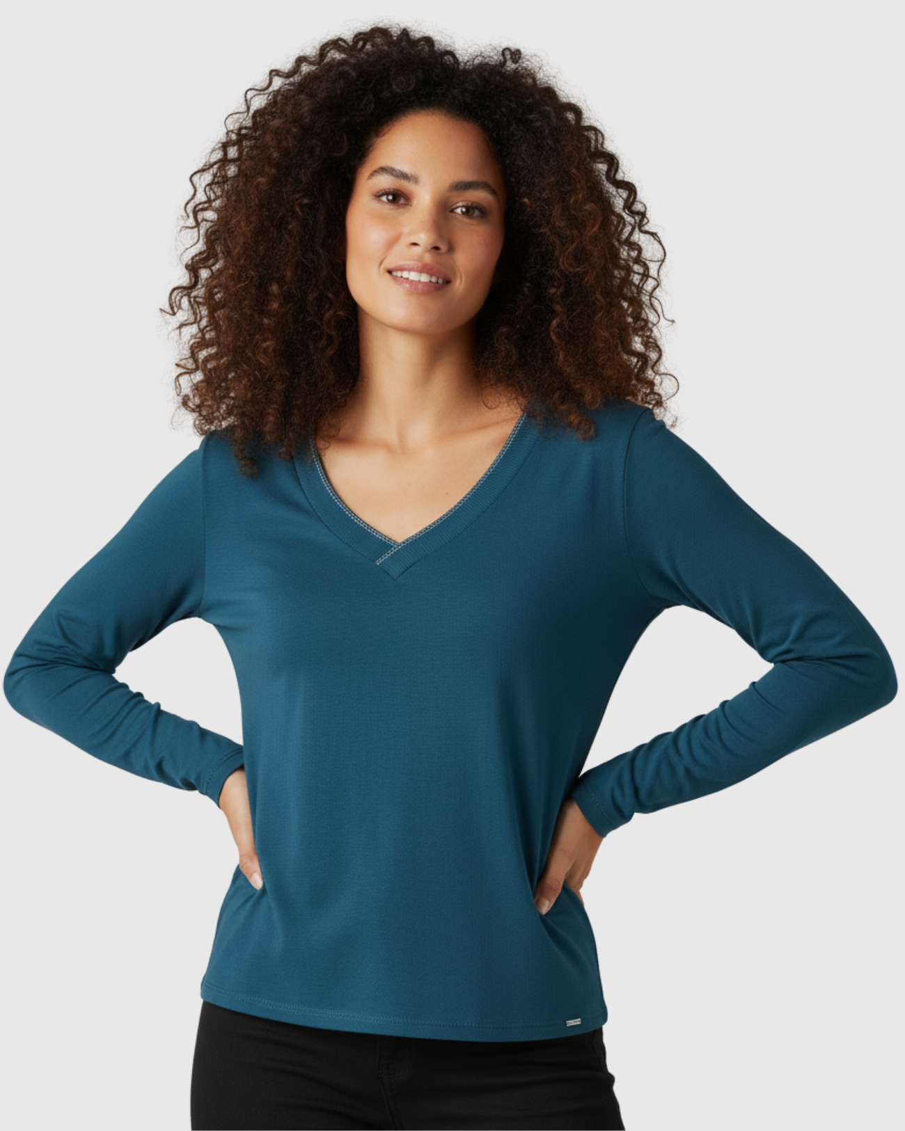 Blusa Feminina Azul Petróleo Manga Longa com Decote V Marialícia