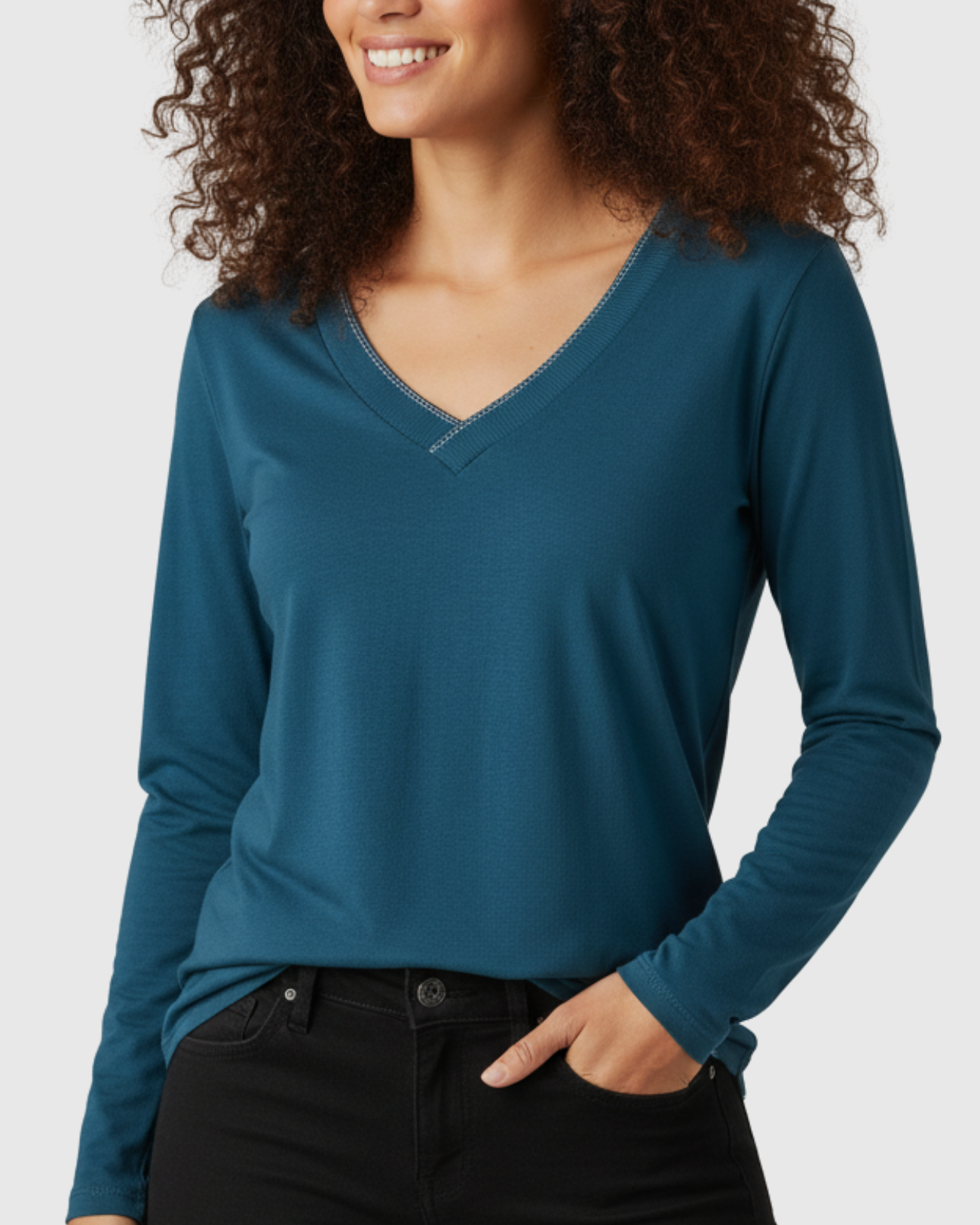 Blusa Feminina Azul Petróleo Manga Longa com Decote V Marialícia