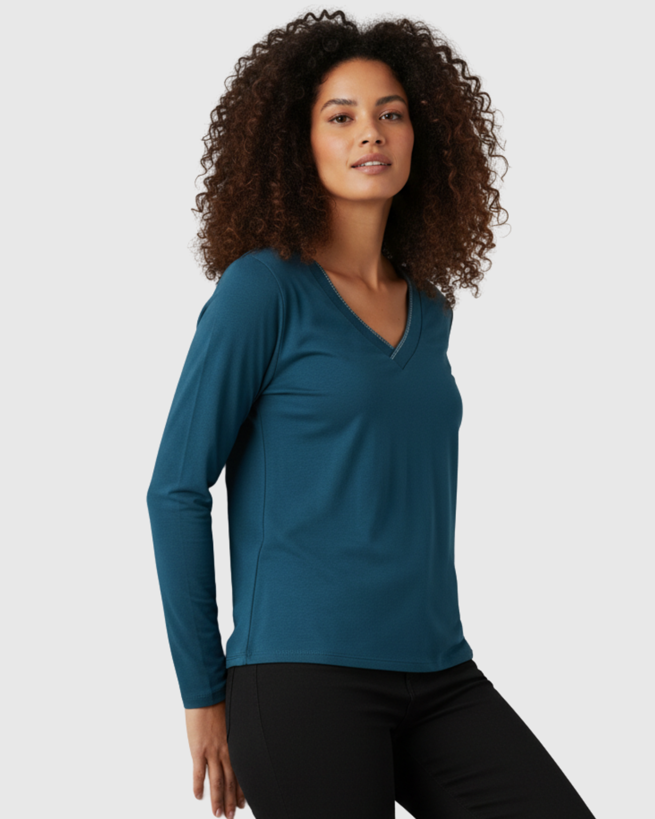Blusa Feminina Azul Petróleo Manga Longa com Decote V Marialícia