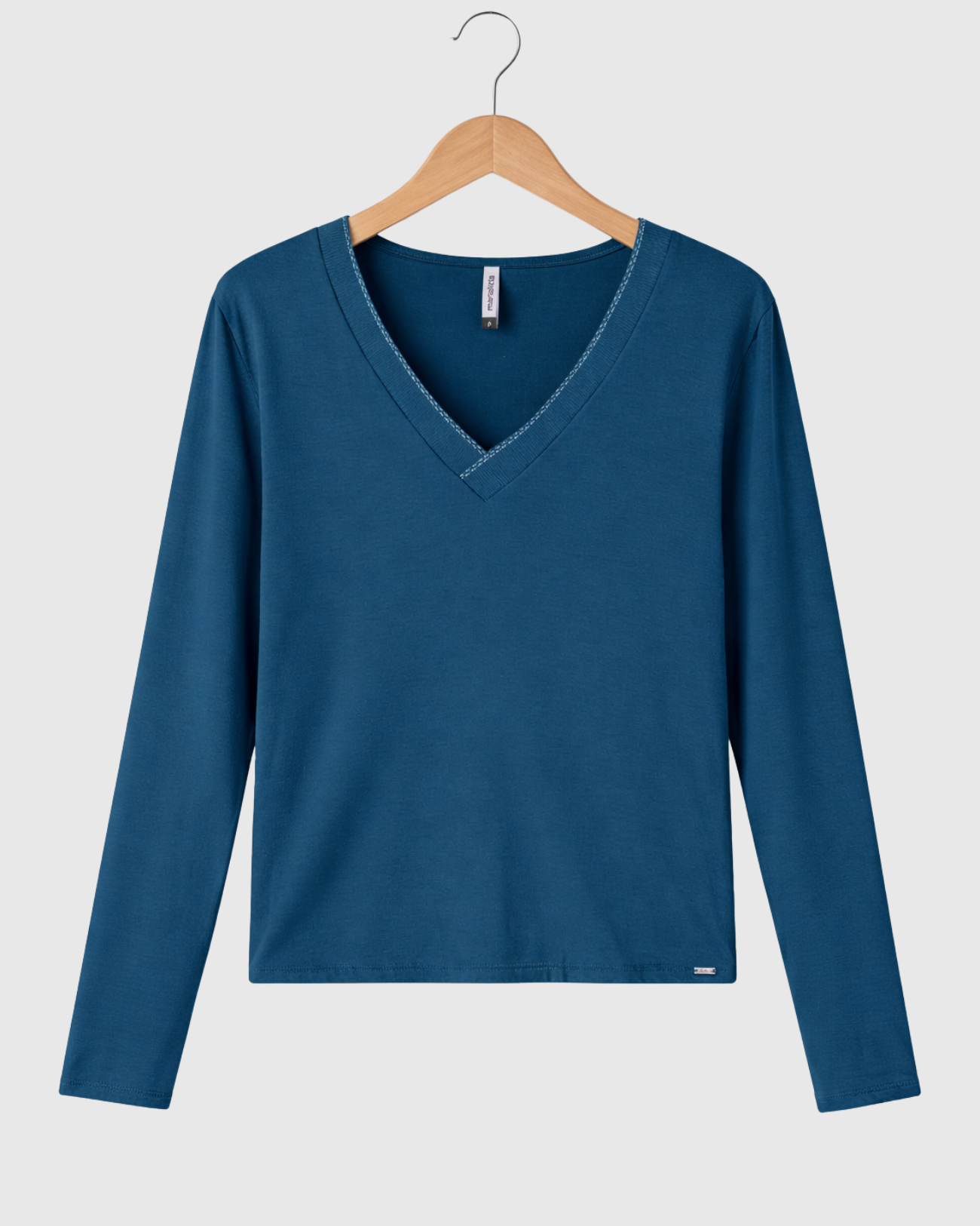 Blusa Feminina Azul Petróleo Manga Longa com Decote V Marialícia