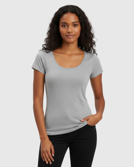 Blusa Básica Feminina Cinza Viscolycra Marialícia com Manga Curta