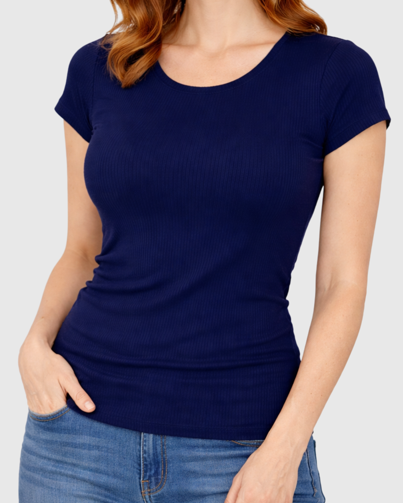 Blusa Básica Feminina Marialícia Manga Curta Canelada Azul Marinho -