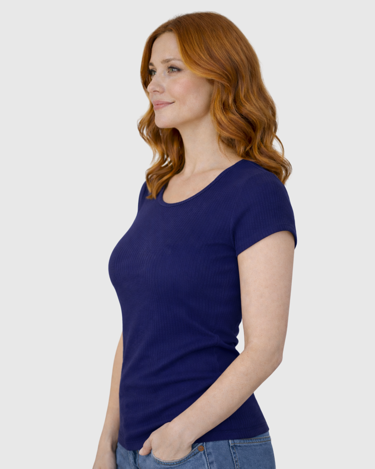 Blusa Básica Feminina Marialícia Manga Curta Canelada Azul Marinho -