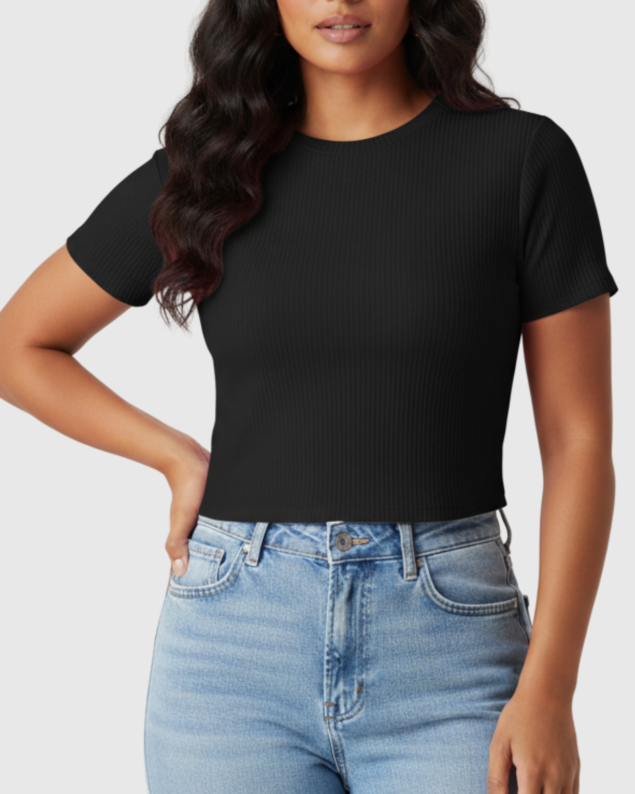 Blusa Cropped Feminina Marialícia Manga Curta Canelada Preta -