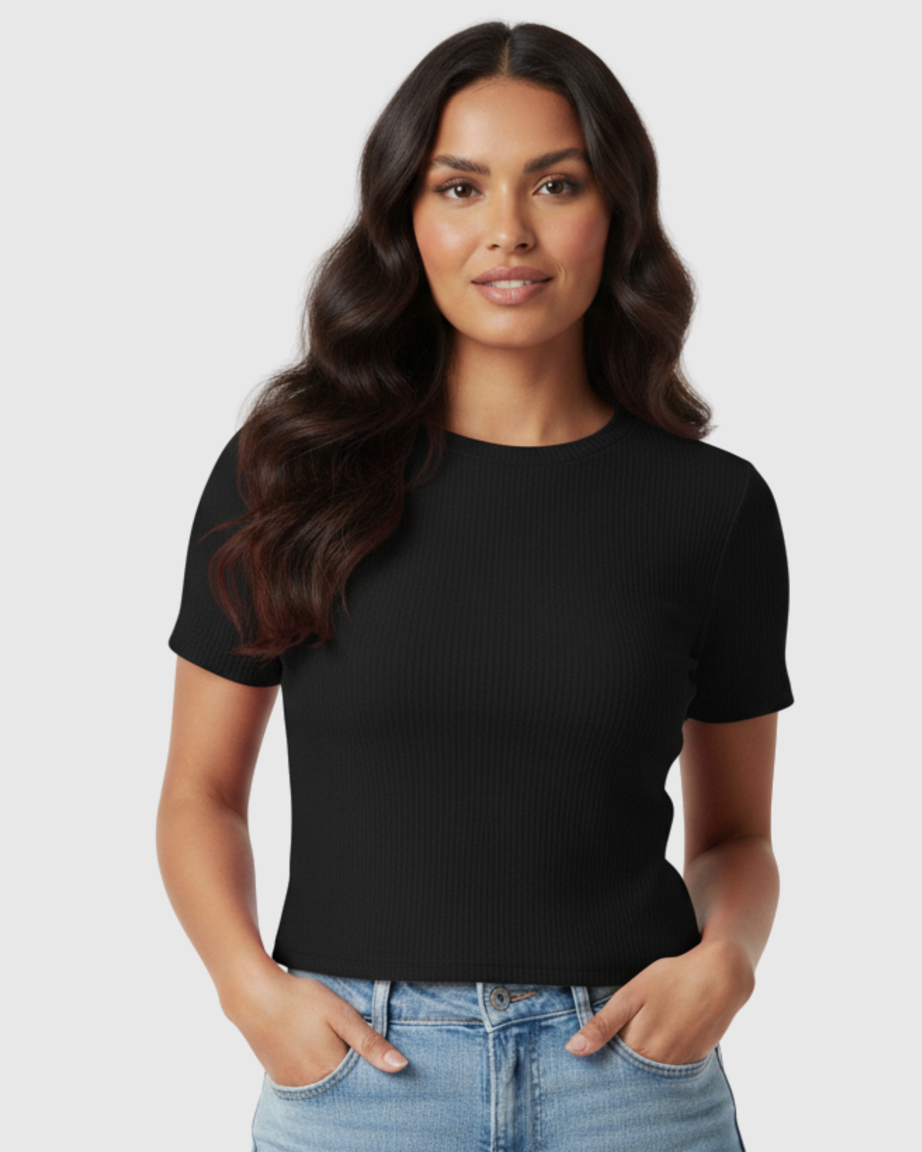 Blusa Cropped Feminina Marialícia Manga Curta Canelada Preta - Preto