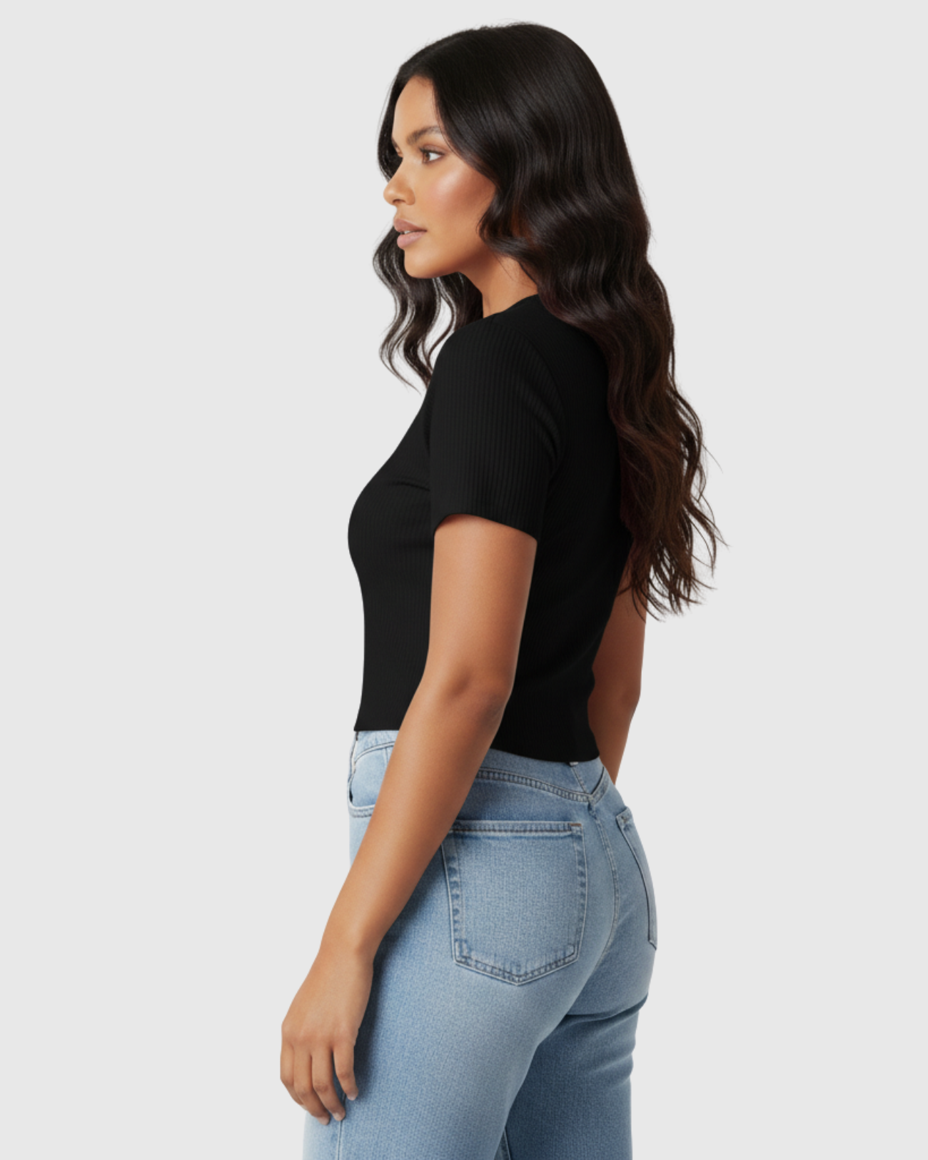 Blusa Cropped Feminina Marialícia Manga Curta Canelada Preta -