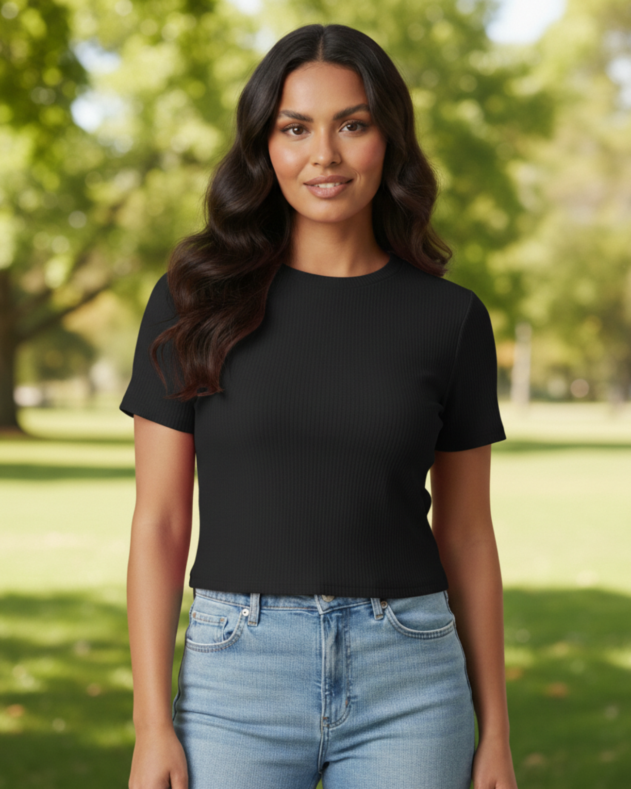 Blusa Cropped Feminina Marialícia Manga Curta Canelada Preta -