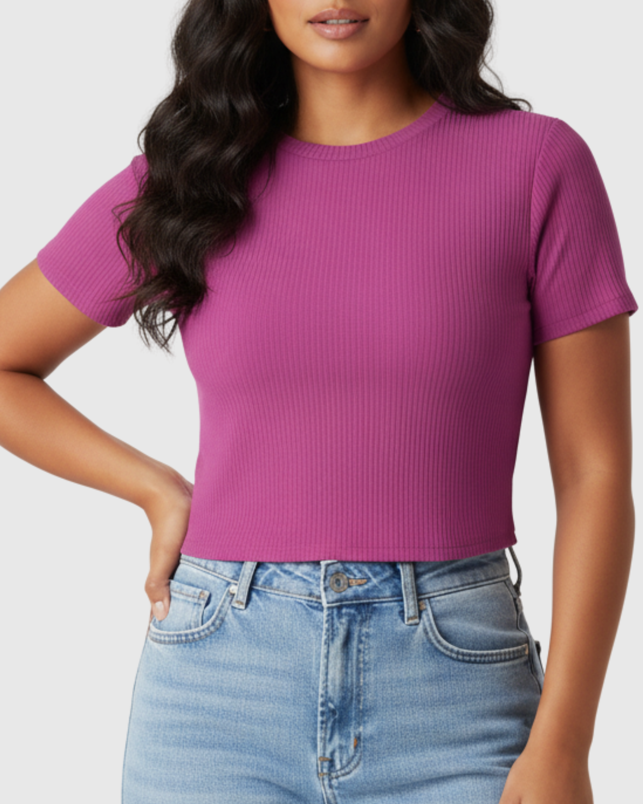Blusa Cropped Feminina Marialícia Manga Curta Canelada Roxa