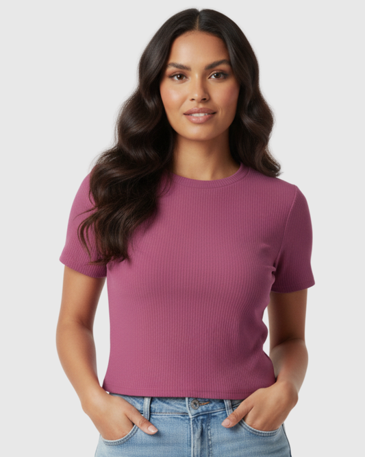 Blusa Cropped Feminina Marialícia Manga Curta Canelada Roxa