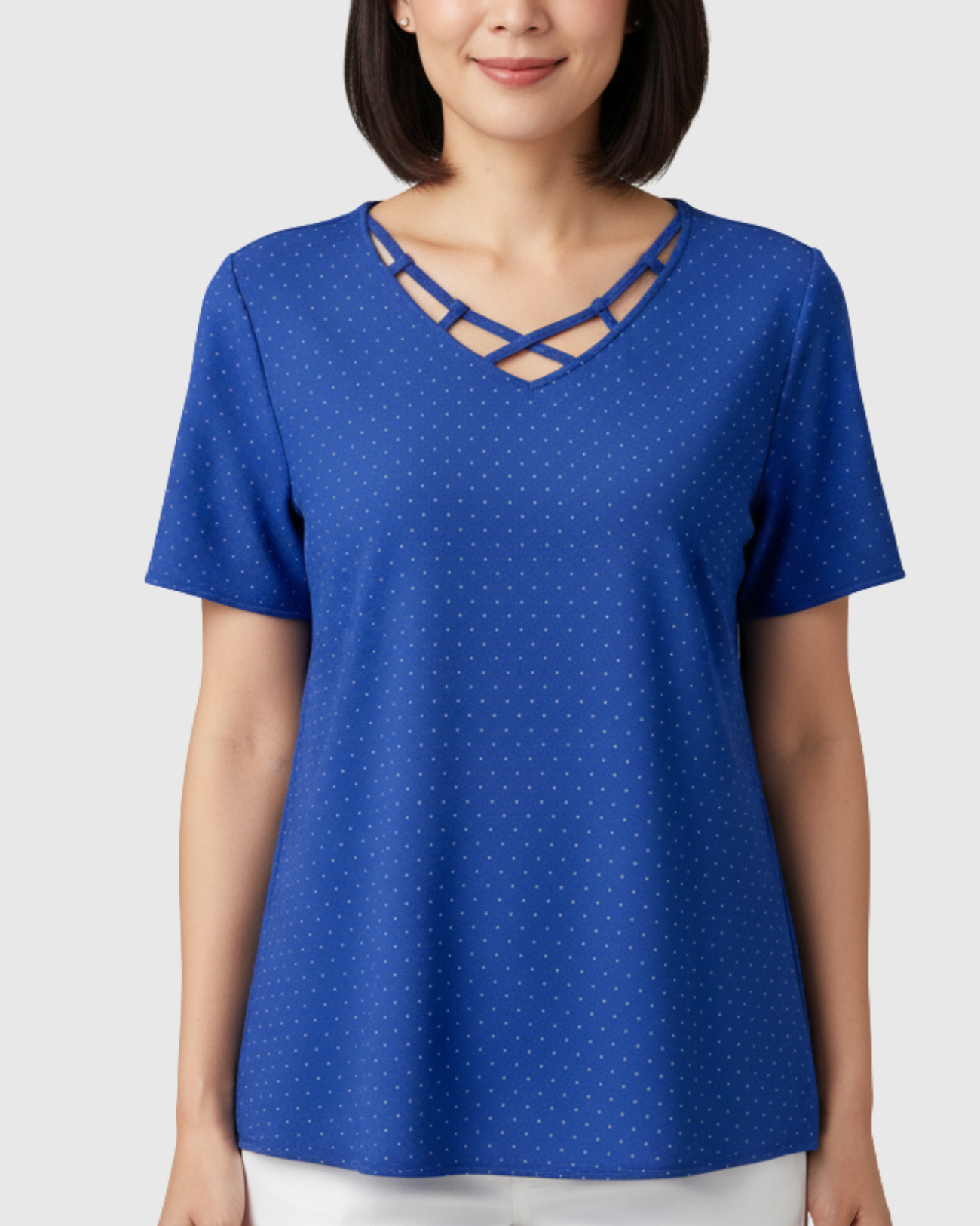Blusa Estampada Poá Azul Feminina Manga Curta Marialícia -