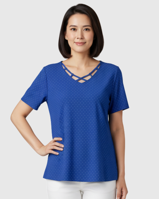 Blusa Estampada Poá Azul Feminina Manga Curta Marialícia - Azul-marinho