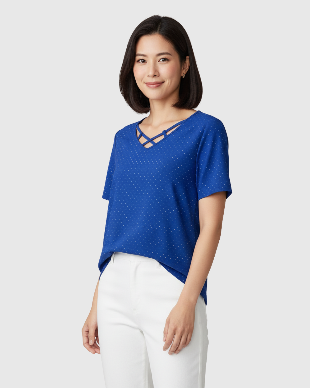 Blusa Estampada Poá Azul Feminina Manga Curta Marialícia -