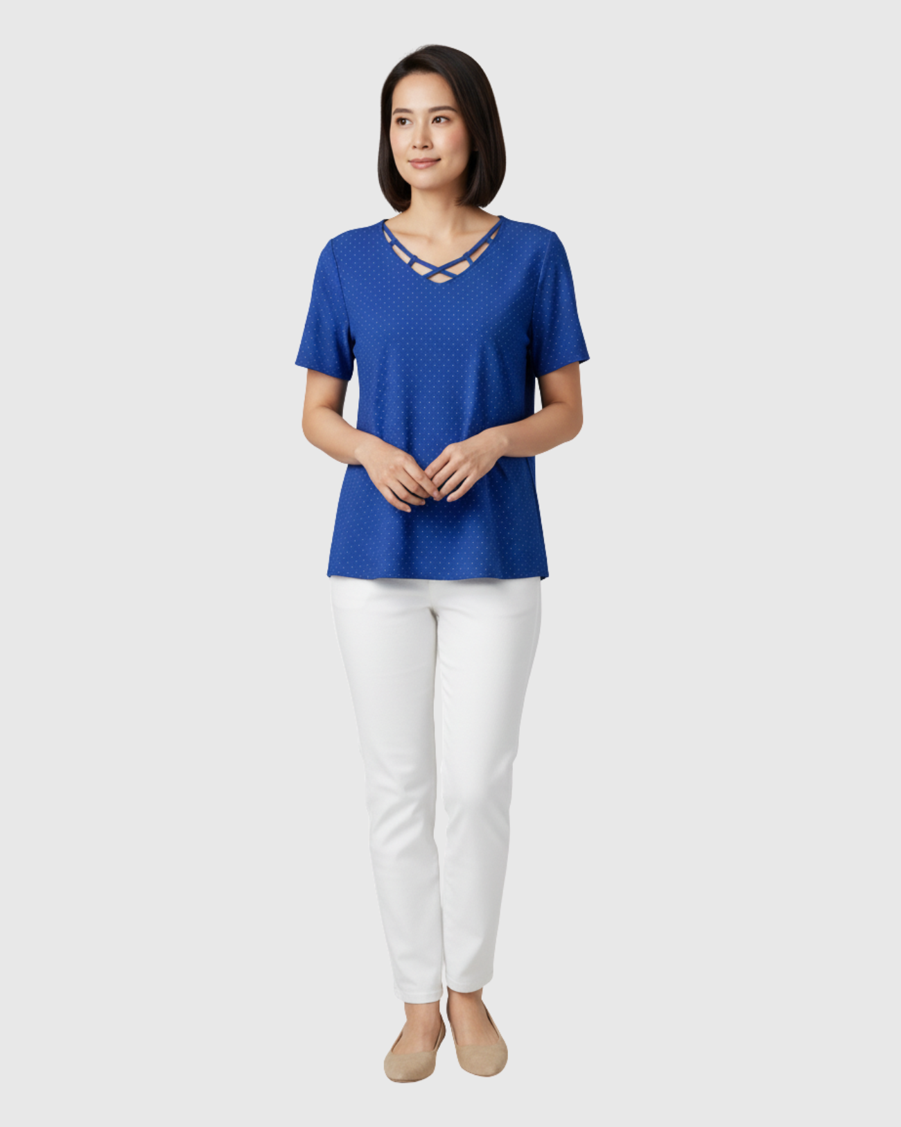 Blusa Estampada Poá Azul Feminina Manga Curta Marialícia -