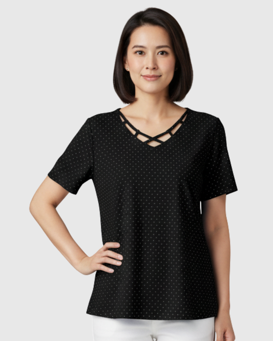 Blusa Estampada Poá Preta Feminina Manga Curta Marialícia - Preto