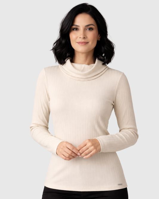 Blusa Gola Boba Alta Canelada Manga Longa Bege – Marialícia