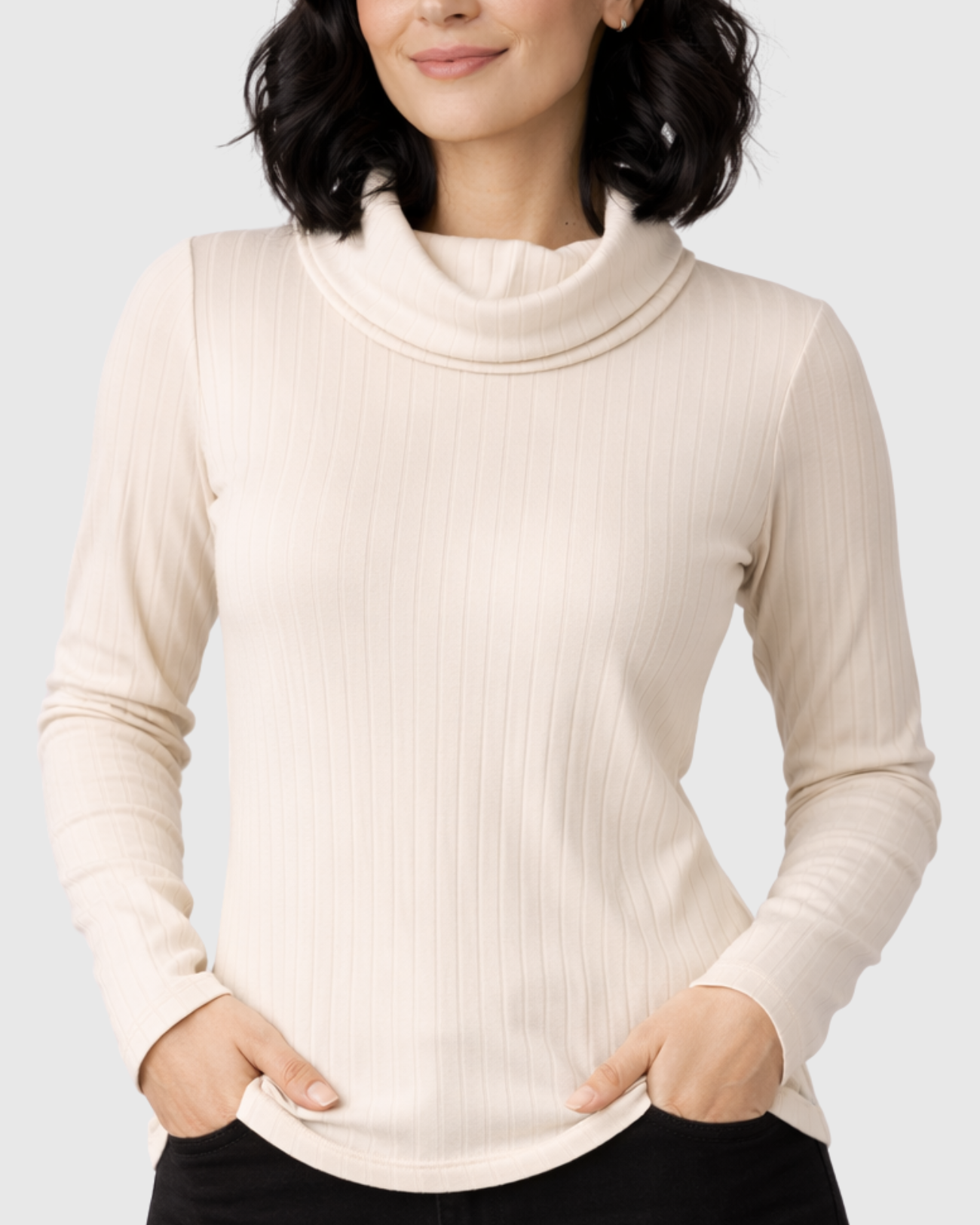Blusa Gola Boba Alta Canelada Manga Longa Bege – Marialícia