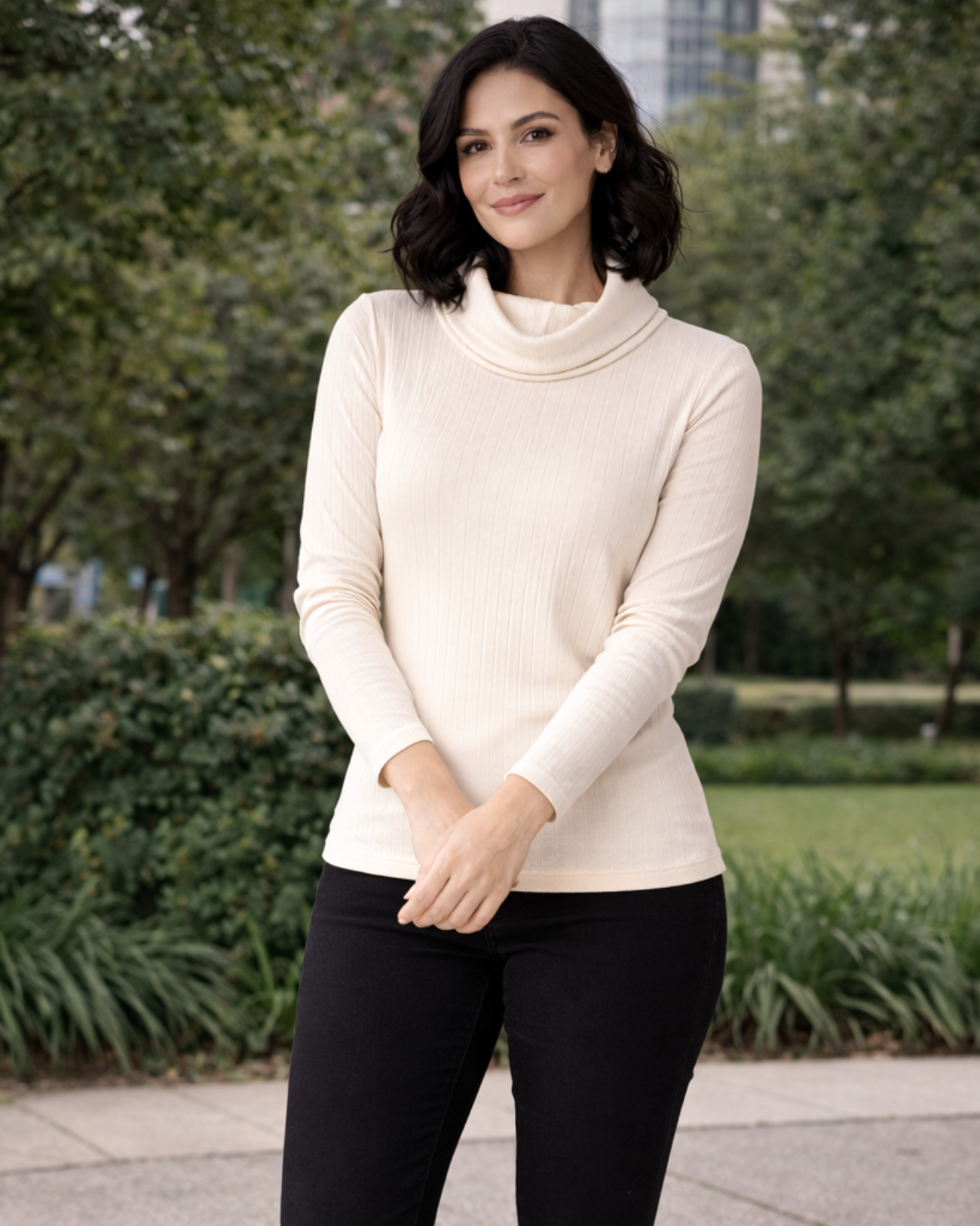 Blusa Gola Boba Alta Canelada Manga Longa Bege – Marialícia