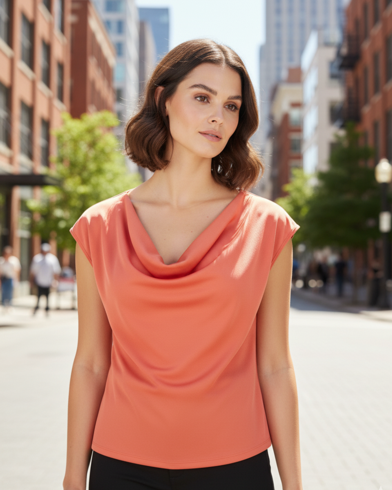 Blusa Laranja Feminina Marialícia com Gola Drapeada (Gola Boba)