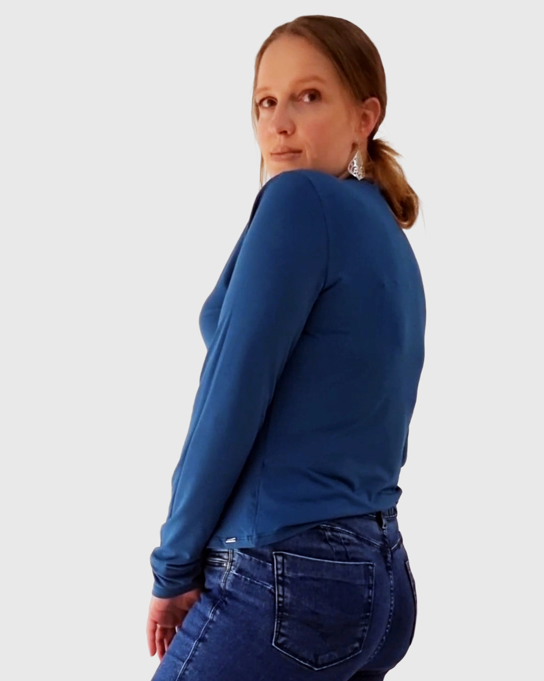 Blusa Manga Longa Decote V Azul
