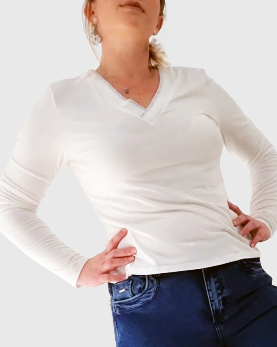 Blusa Manga Longa Decote V Branca
