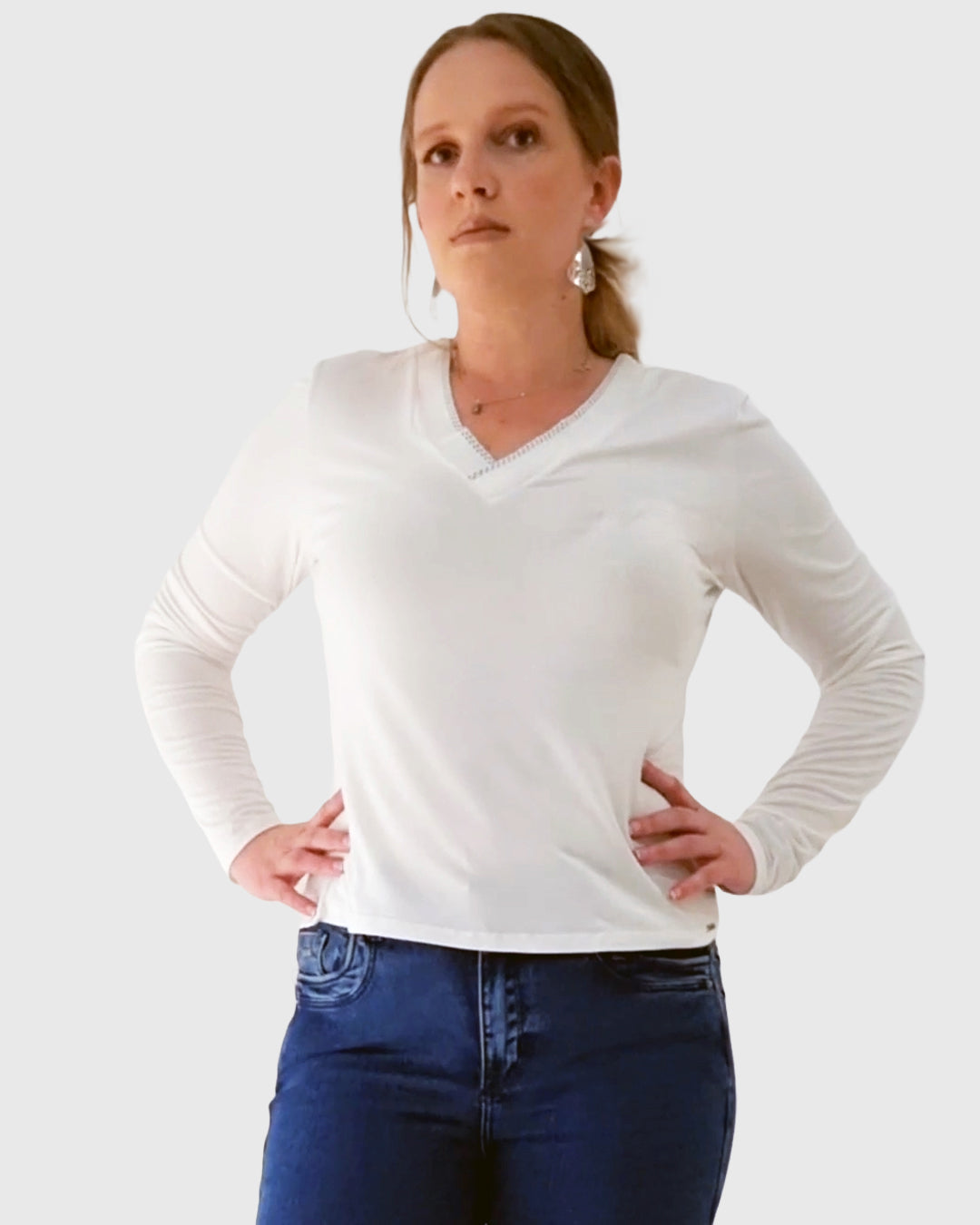 Blusa Manga Longa Decote V Branca