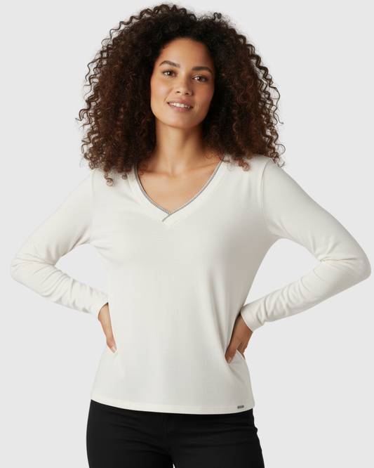 Blusa Manga Longa Feminina Decote V Off White – Marialícia