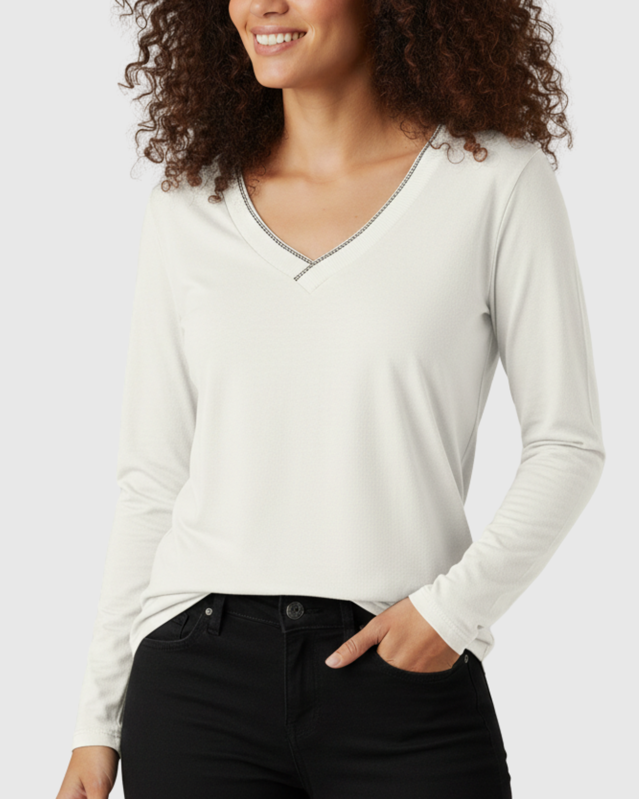 Blusa Manga Longa Feminina Decote V Off White – Marialícia