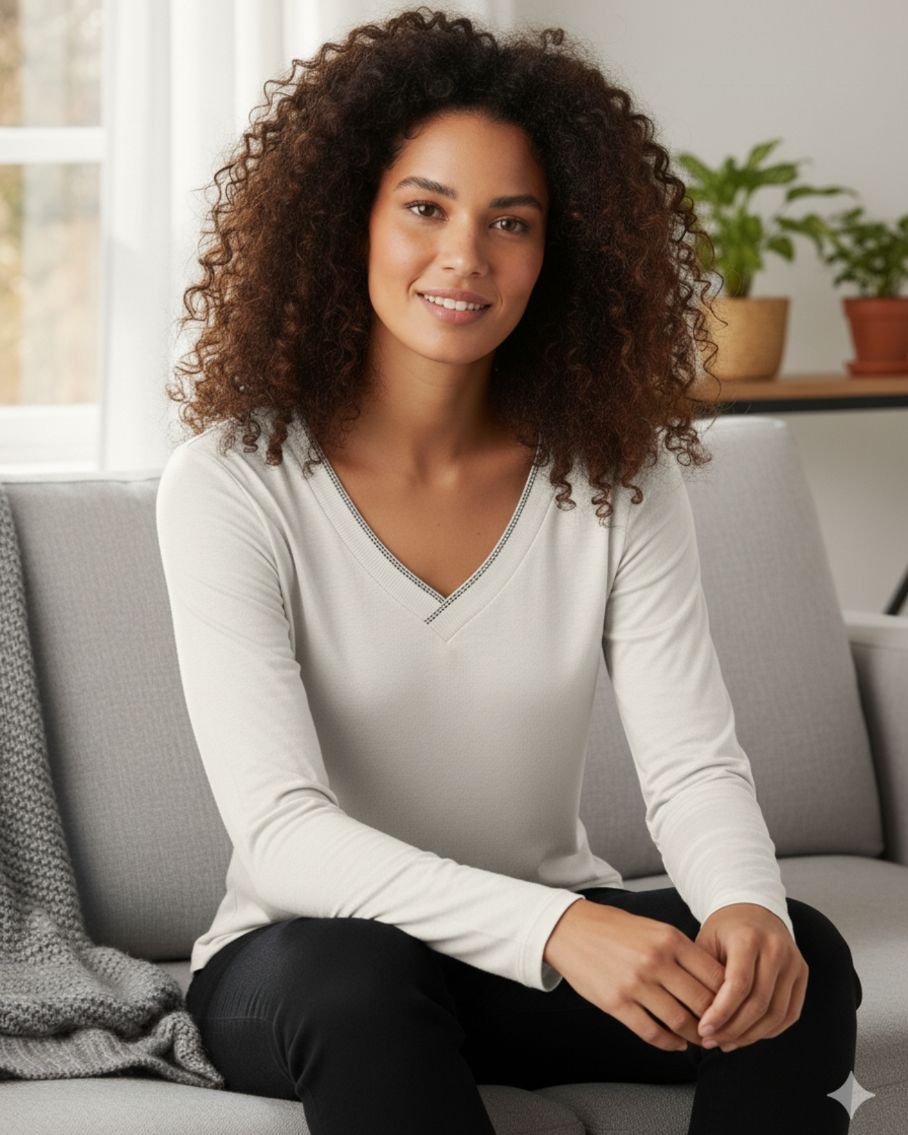 Blusa Manga Longa Feminina Decote V Off White – Marialícia