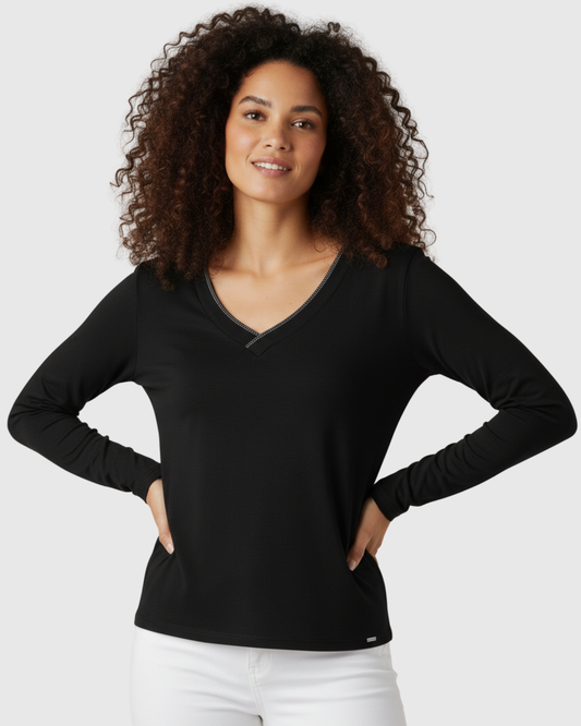 Blusa Manga Longa Preta com Decote V Feminina – Marialícia
