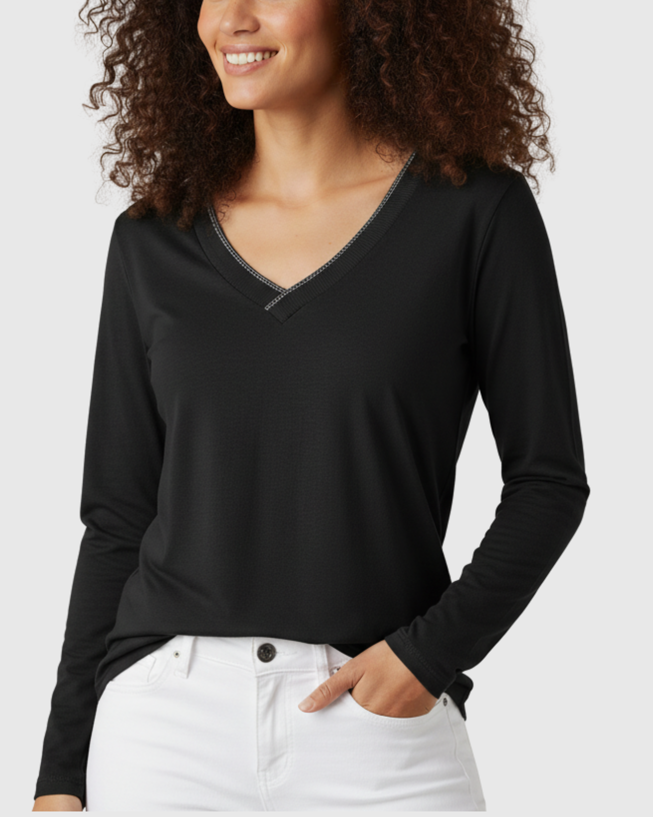 Blusa Manga Longa Preta com Decote V Feminina – Marialícia