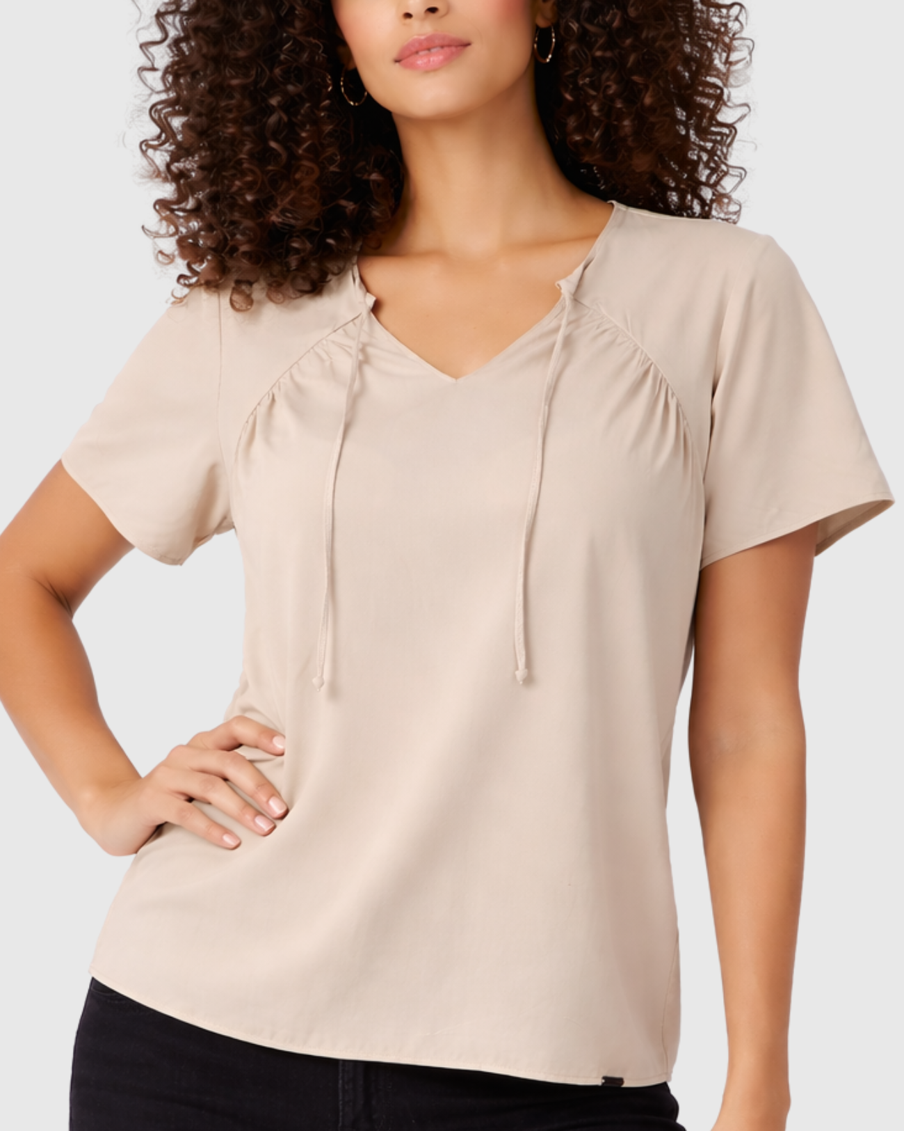 Blusa Marialícia Feminina Manga Curta em Malha Viscose Bege -