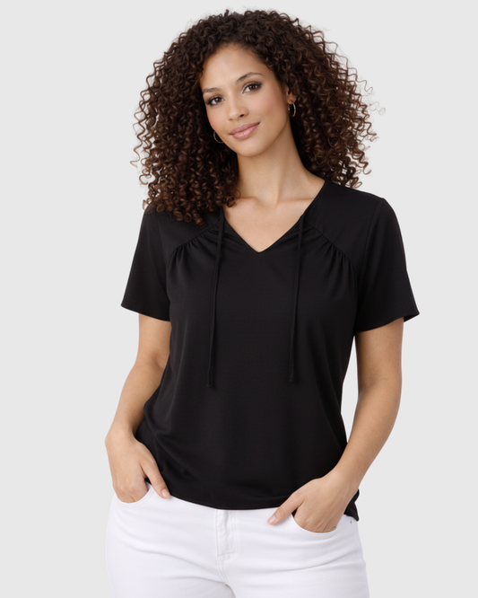 Blusa Marialícia Feminina Manga Curta em Malha Viscose Preta