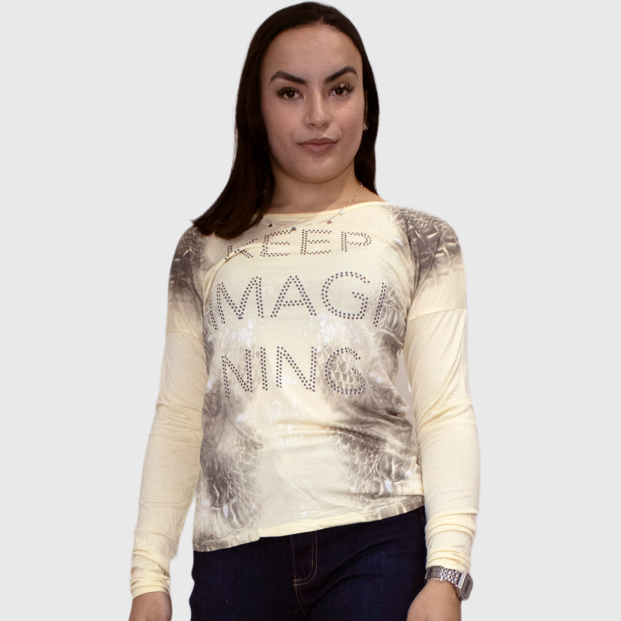 Blusa Marialícia Manga Longa Estampada Amarela -