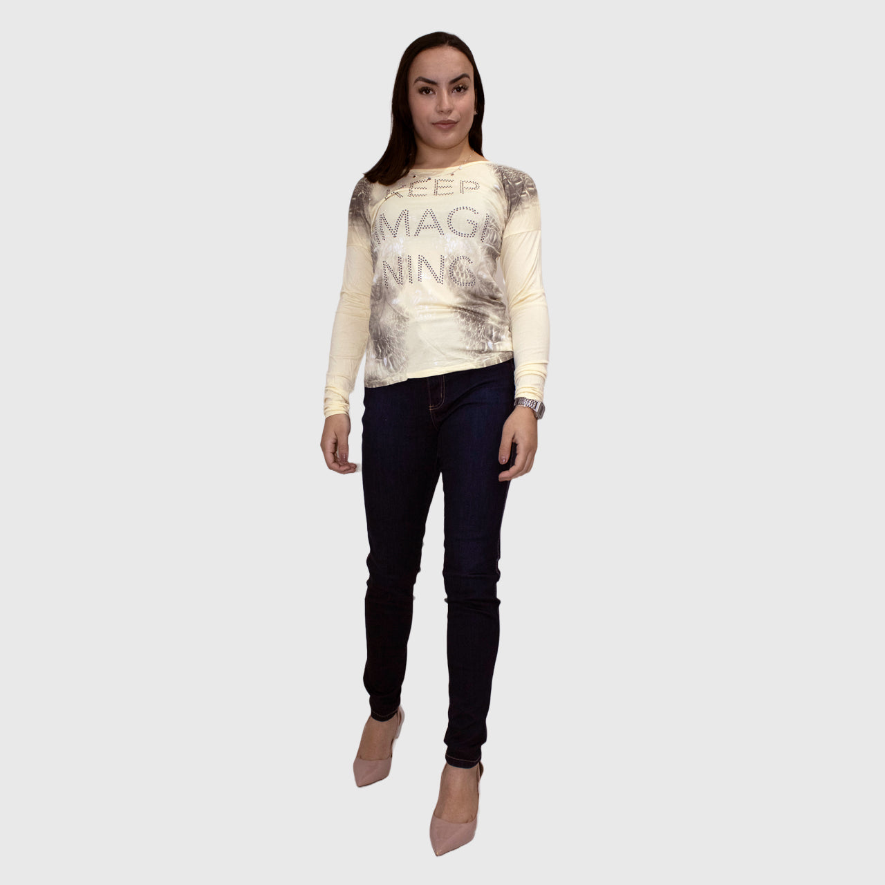 Blusa Marialícia Manga Longa Estampada Amarela -