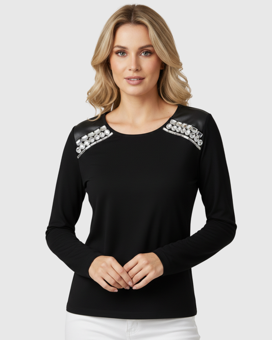 Blusa Preta Feminina Manga Longa com Pedraria – Nega Rio