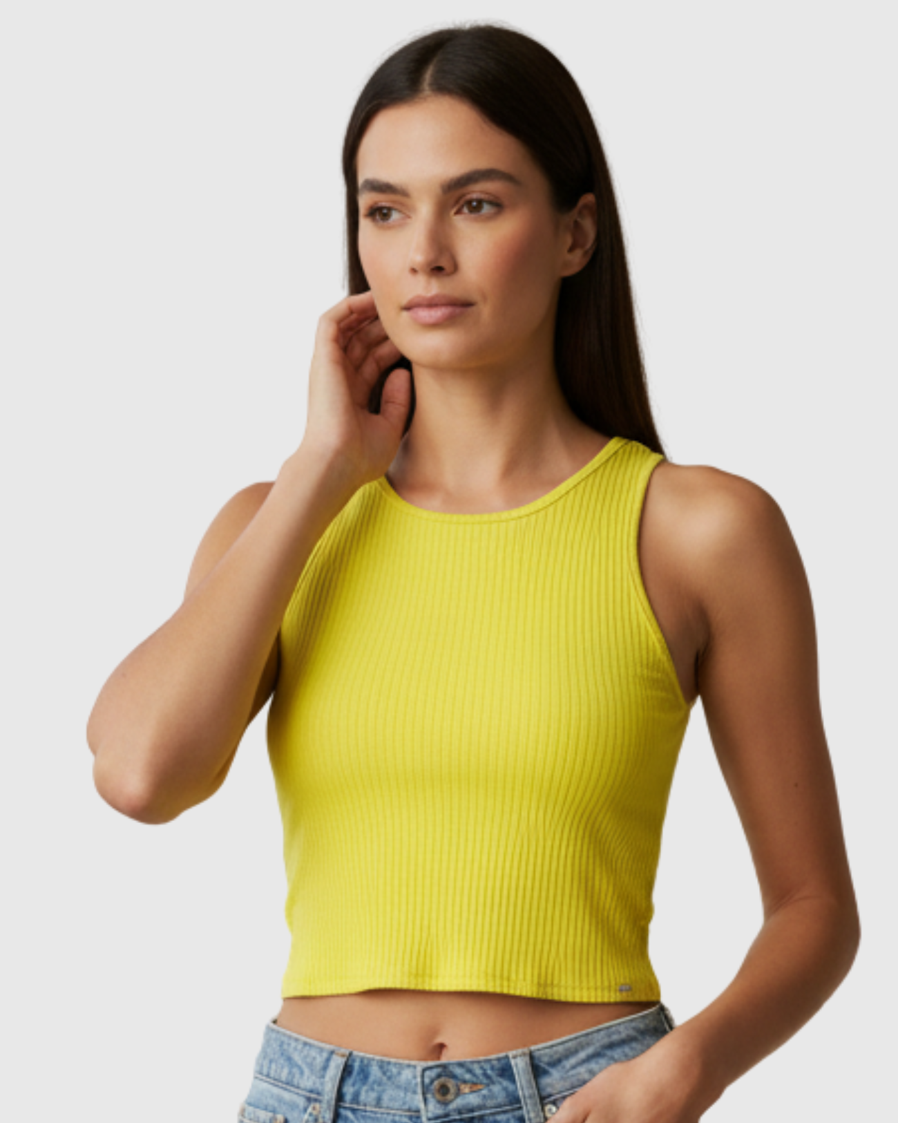 Blusa Regata Canelada Feminina Marialícia Cropped com Alça Larga Amarela