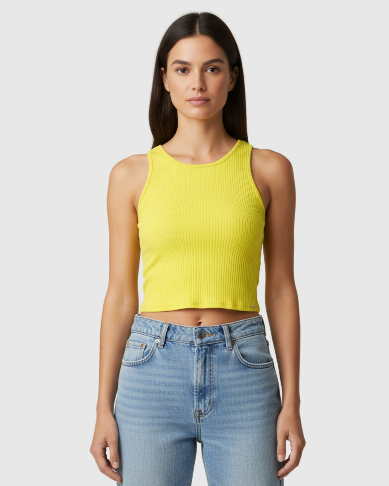 Blusa Regata Canelada Feminina Marialícia Cropped com Alça Larga Amarela