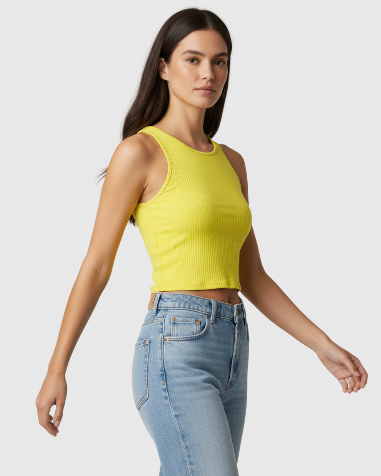 Blusa Regata Canelada Feminina Marialícia Cropped com Alça Larga Amarela