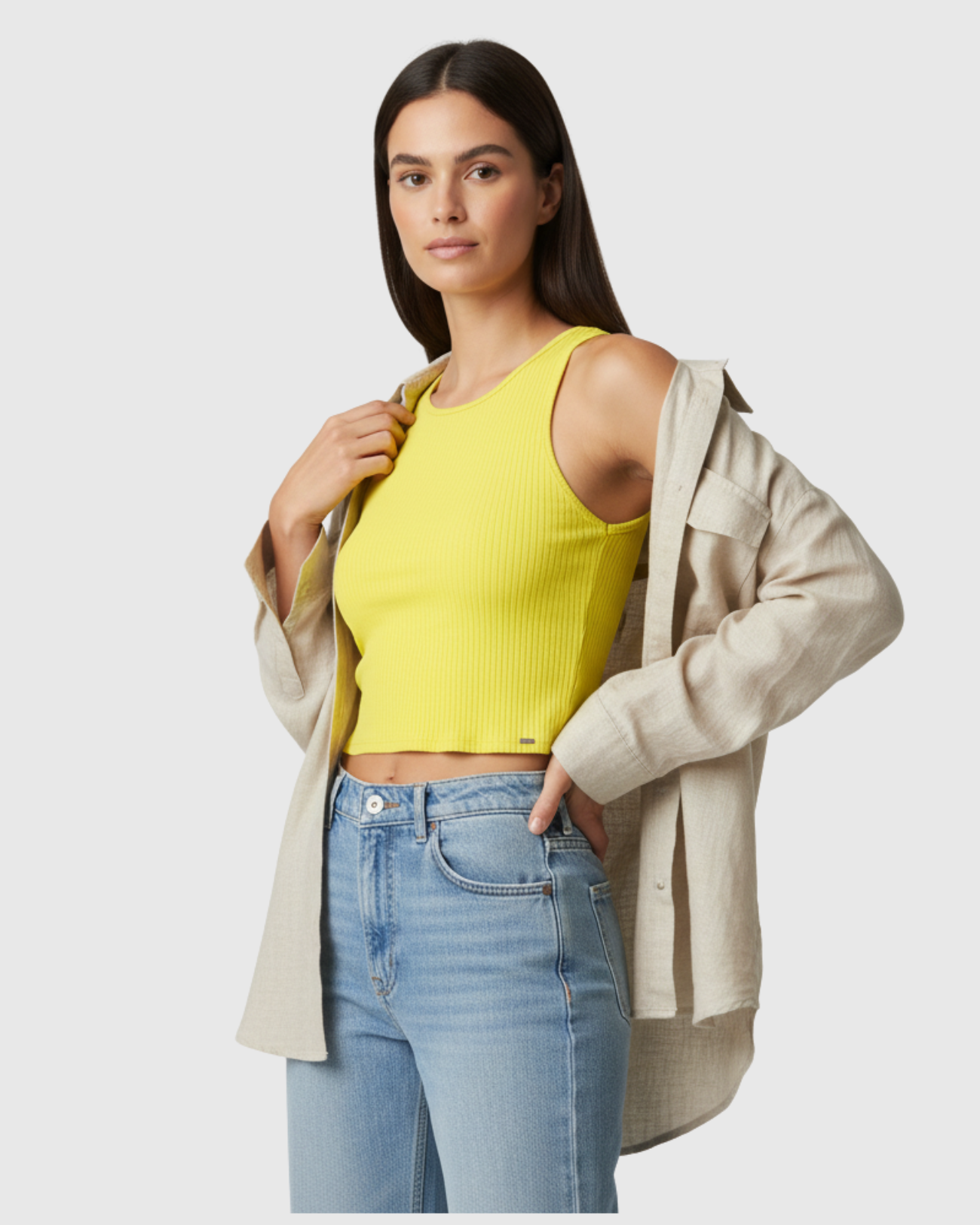 Blusa Regata Canelada Feminina Marialícia Cropped com Alça Larga Amarela