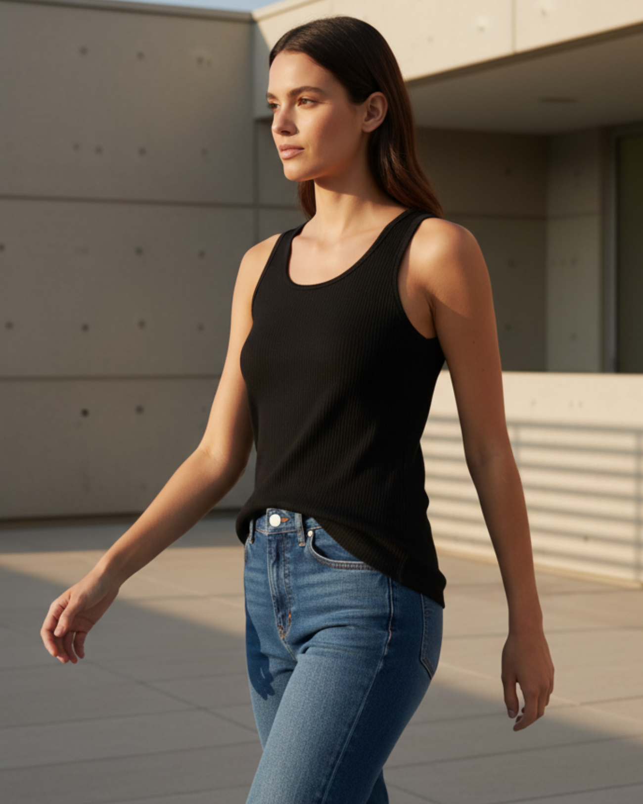 Blusa Regata Canelada Feminina Marialícia com Alça Larga Preta