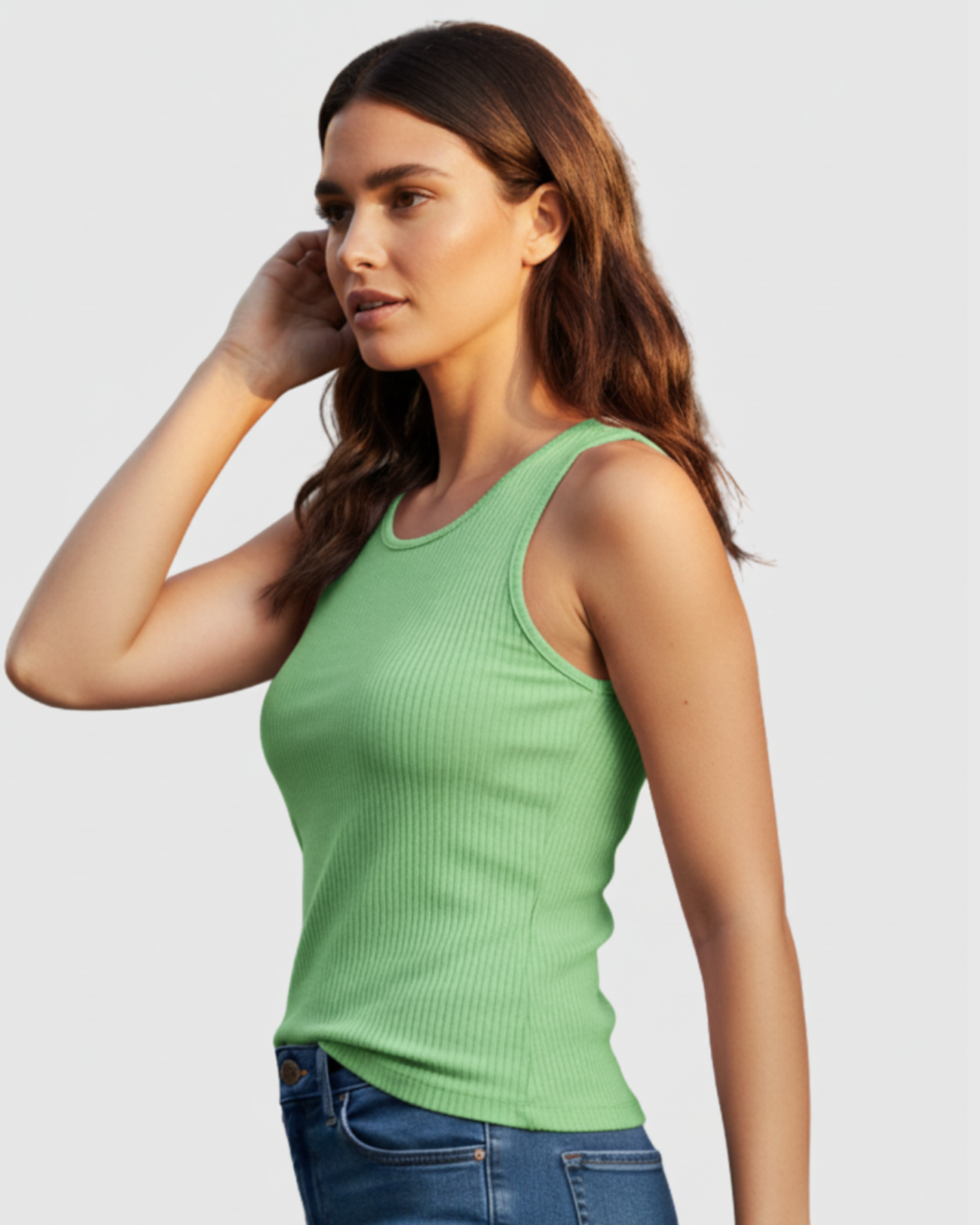 Blusa Regata Canelada Feminina Marialícia com Alça Larga Verde Claro